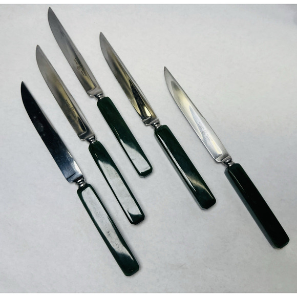 Vintage Wingen Rostfrei Set of 5 Piece Steak Knife Green Bakelite Handle Germany - Picture 1 of 6